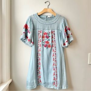 Umgee Floral Embroidered Boho Bell Sleeve Blue Dress